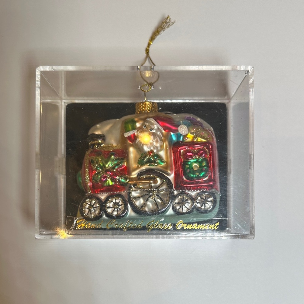 Festive Glass Santa on the Train Christmas Ornament